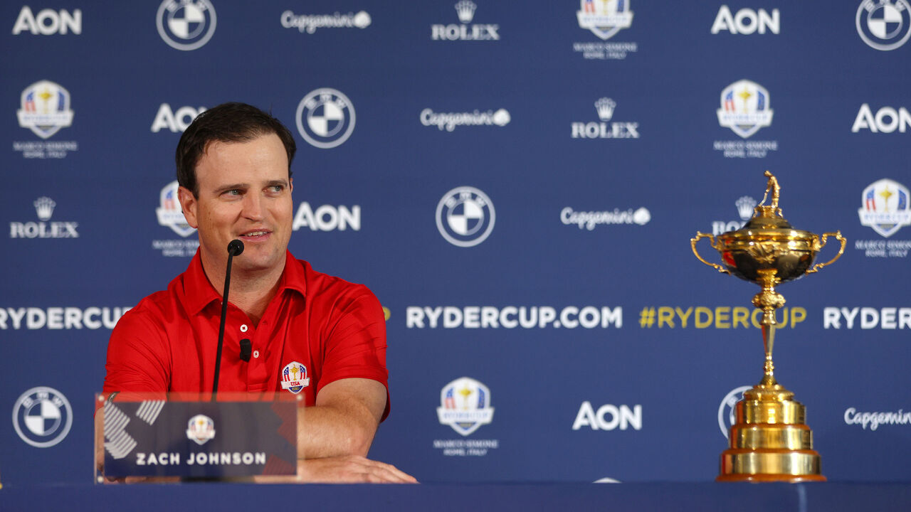 ROME, ITALY - OCTOBER 04: Zach Johnson of The United States talks to the media in a press conference during the Ryder Cup 2023 Year to Go Media Event at Marco Simone Golf Club on October 04, 2022 in Rome, Italy.