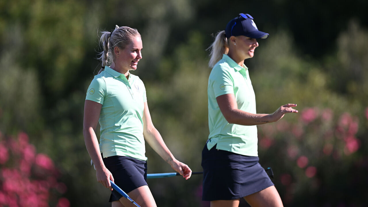 CASARES, SPAIN - SEPTEMBER 21: Charley Hull of team Europe and Anna Nordqvist during practice prior to the The Solheim Cup at Finca Cortesin Golf Club on September 21, 2023 in Casares, Spain.