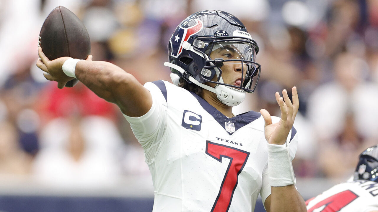 HOUSTON, TEXAS - SEPTEMBER 17: C.J. Stroud #7 of the Houston Texans in action against the Indianapolis Colts at NRG Stadium on September 17, 2023 in Houston, Texas.