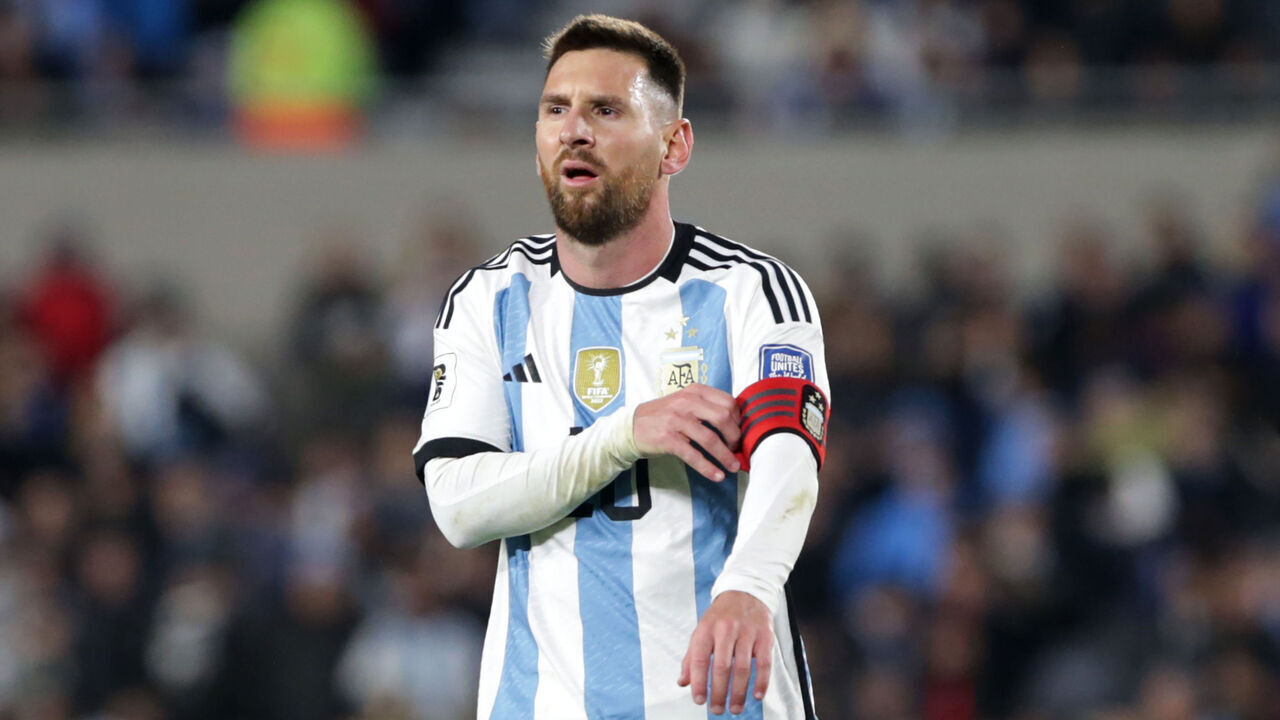 BUENOS AIRES, ARGENTINA - SEPTEMBER 07: Lionel Messi of Argentina fixes his captain's armband during the FIFA World Cup 2026 Qualifier match between Argentina and Ecuador at Estadio Más Monumental Antonio Vespucio Liberti on September 07, 2023 in Buenos Aires, Argentina.