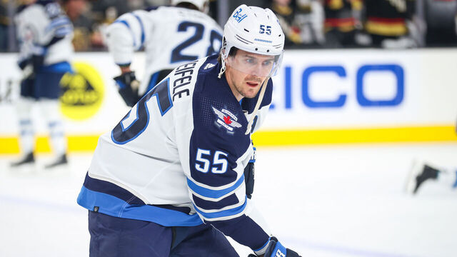 LAS VEGAS, NEVADA - APRIL 20: Mark Scheifele #55 of the Winnipeg Jets warms up prior to Game Two of the First Round of the 2023 Stanley Cup Playoffs against the Vegas Golden Knights at T-Mobile Arena on April 20, 2023 in Las Vegas, Nevada.