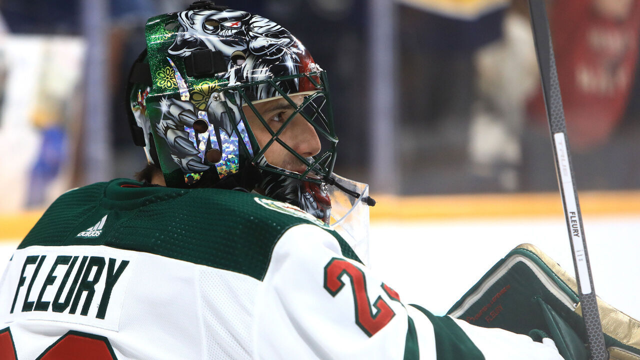 NASHVILLE, TN - APRIL 13: The artwork on the mask of Minnesota Wild goalie Marc-Andre Fleury (29) is shown prior to the NHL game between the Nashville Predators and Minnesota Wild, held on April 13, 2023, at Bridgestone Arena in Nashville, Tennessee.