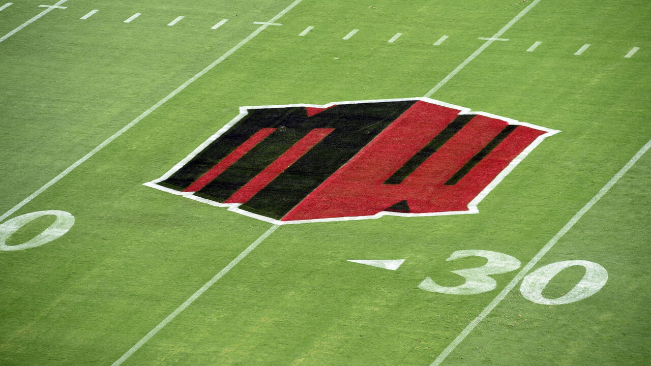 SAN DIEGO, CA - SEPTEMBER 03: A general view of the Mountain West logo painted on the field during a college football game between the Arizona Wildcats and the San Diego State Aztecs on September 03, 2022, at SnapDragon Stadium in San Diego, CA.