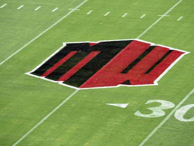 SAN DIEGO, CA - SEPTEMBER 03: A general view of the Mountain West logo painted on the field during a college football game between the Arizona Wildcats and the San Diego State Aztecs on September 03, 2022, at SnapDragon Stadium in San Diego, CA.