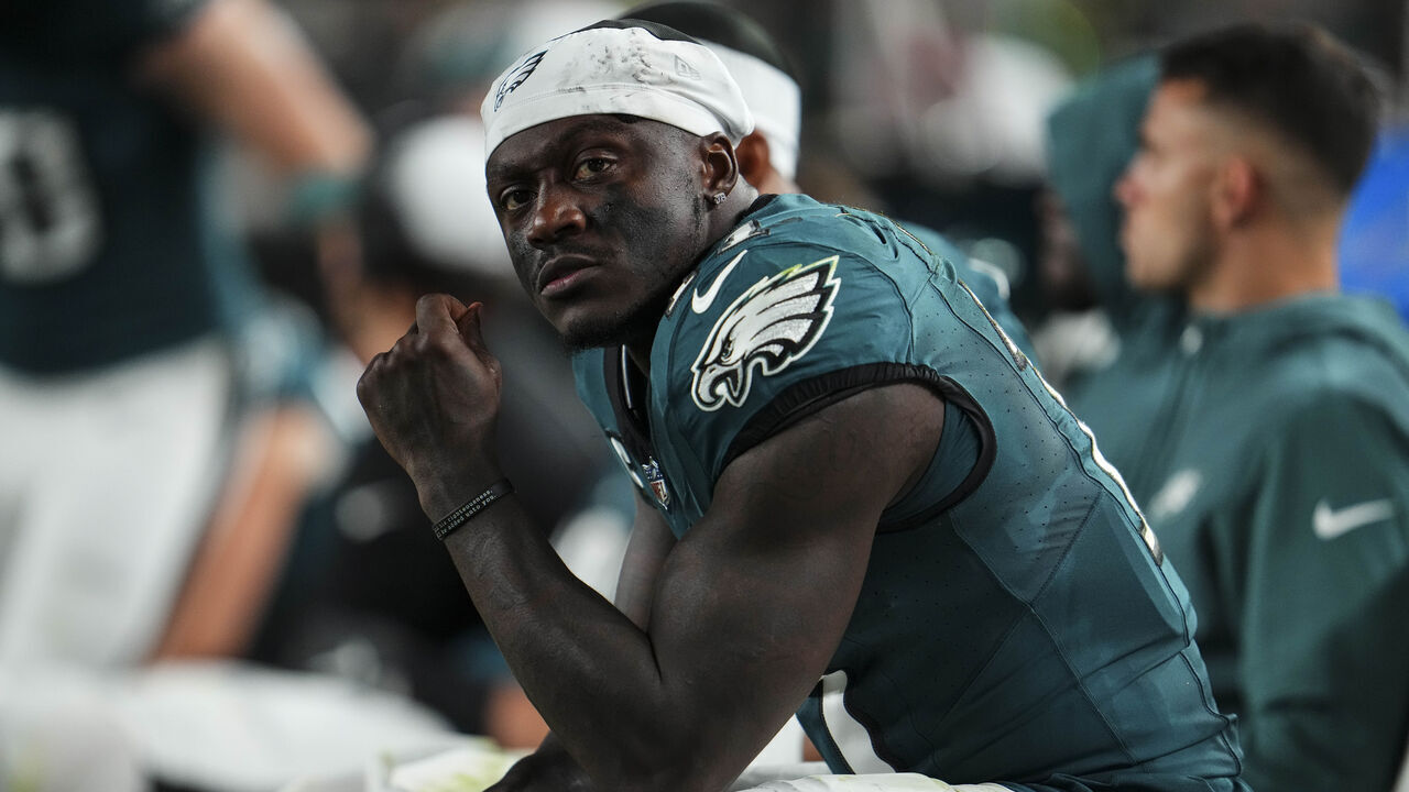 PHILADELPHIA, PA - SEPTEMBER 14: A.J. Brown #11 of the Philadelphia Eagles looks on from the bench during at Lincoln Financial Field on September 14, 2023 in Philadelphia, Pennsylvania.