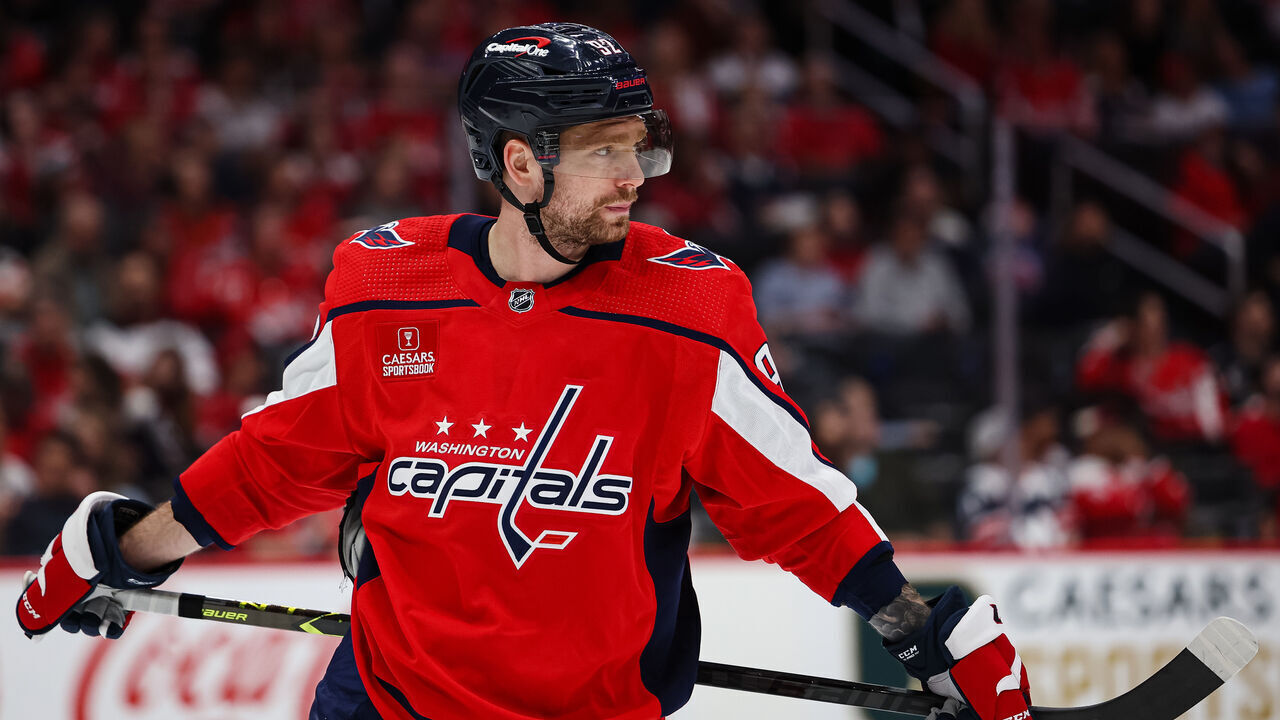 WASHINGTON, DC - APRIL 13: Evgeny Kuznetsov #92 of the Washington Capitals looks on against the New Jersey Devils during the third period of the game at Capital One Arena on April 13, 2023 in Washington, DC.