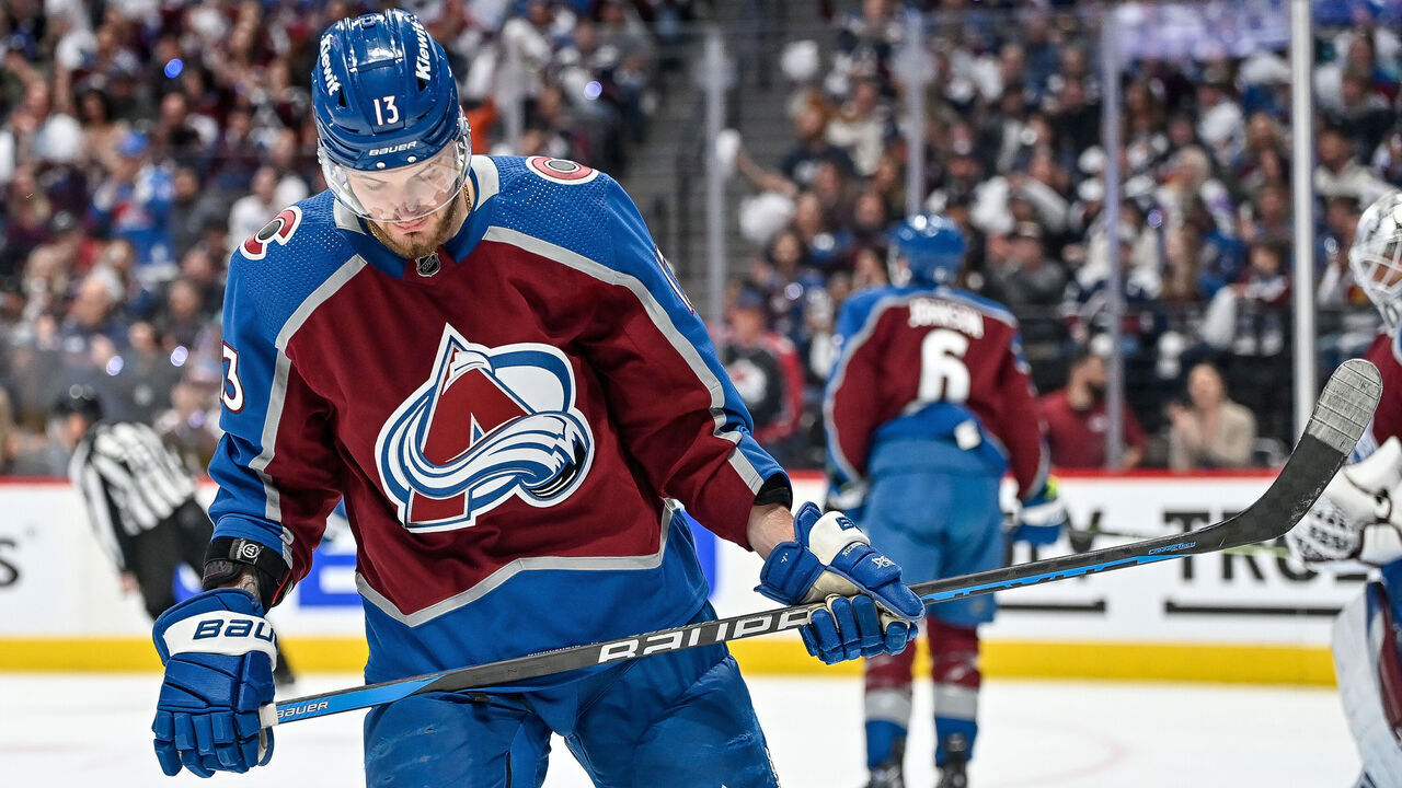 DENVER, COLORADO - APRIL 18: Valeri Nichushkin #13 of the Colorado Avalanche looks on in the first period of Game One against the Seattle Kraken in the First Round of the 2023 Stanley Cup Playoffs at Ball Arena on April 18, 2023 in Denver, Colorado.