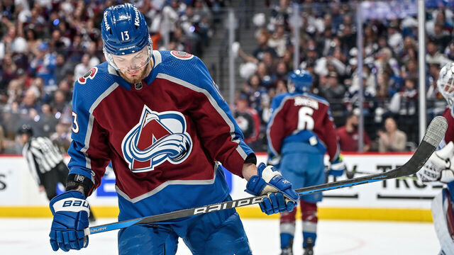 DENVER, COLORADO - APRIL 18: Valeri Nichushkin #13 of the Colorado Avalanche looks on in the first period of Game One against the Seattle Kraken in the First Round of the 2023 Stanley Cup Playoffs at Ball Arena on April 18, 2023 in Denver, Colorado.