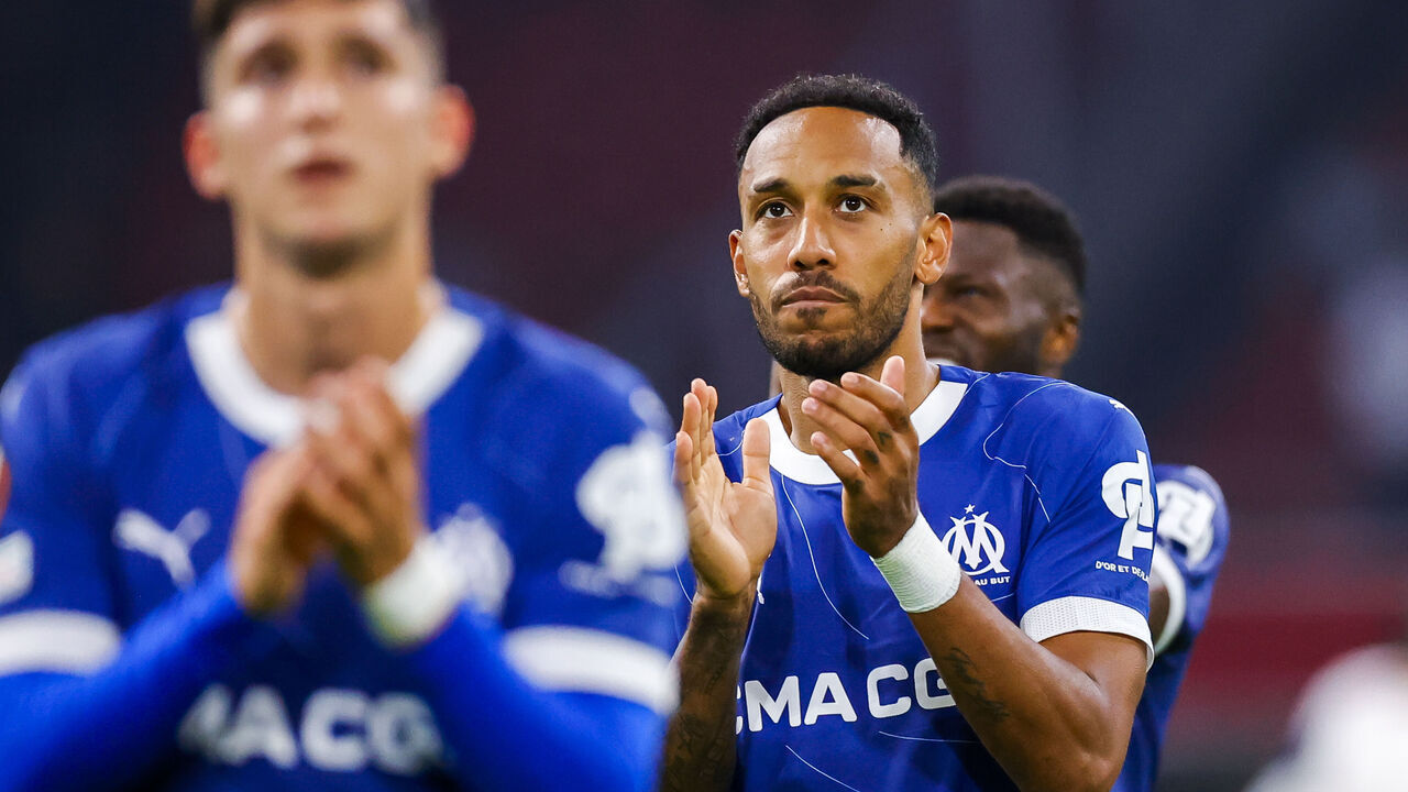 iAMSTERDAM, NETHERLANDS - SEPTEMBER 21: Pierre Emerick Aubameyang of Olympique Marseille looks on during the UEFA Europa League Group B match between AFC Ajax and Olympique de Marseille at Johan Cruijff Arena on September 21, 2023 in Amsterdam, Netherlands.