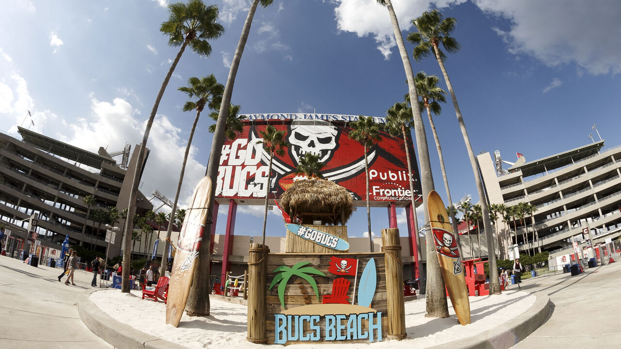 TAMPA, FL - SEPTEMBER 24: A general view of Buc Beach in front of Raymond James Stadium before the Tampa Bay Buccaneers host the Pittsburgh Steelers on Monday Night Football on September 24, 2018 in Tampa, Florida.