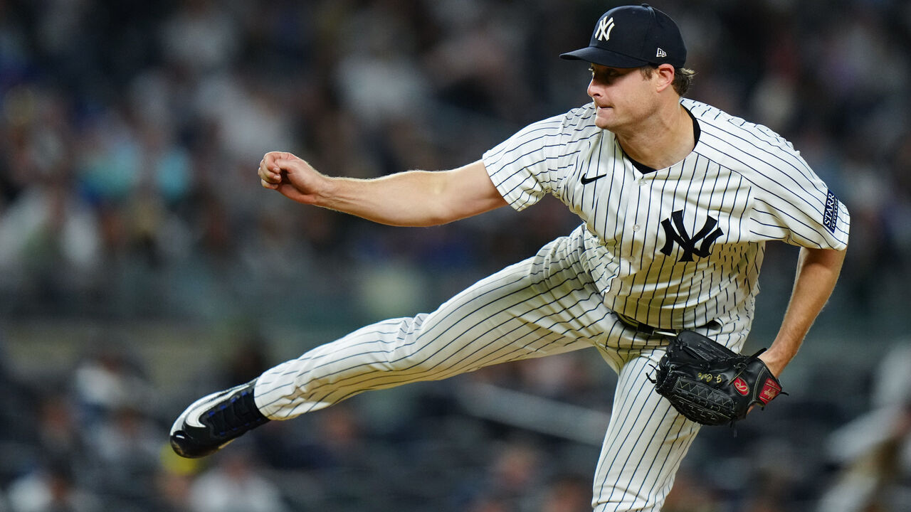 NEW YORK, NY - SEPTEMBER 21: Gerrit Cole #45 of the New York Yankees pitches in the eighth inning during the game between the Toronto Blue Jays and the New York Yankees at Yankee Stadium on Thursday, September 21, 2023 in New York, New York.