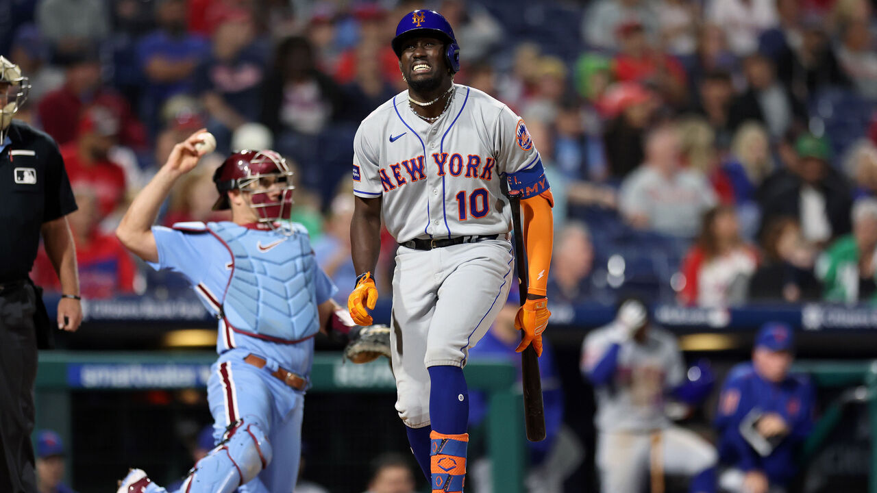 PHILADELPHIA, PENNSYLVANIA - SEPTEMBER 21: Ronny Mauricio #10 of the New York Mets reacts during the ninth inning against the Philadelphia Phillies at Citizens Bank Park on September 21, 2023 in Philadelphia, Pennsylvania.