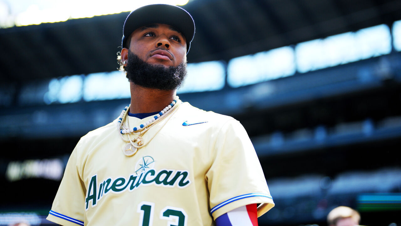 SEATTLE, WA - JULY 08: Junior Caminero #13 of the Tampa Bay Rays looks on during batting practice before the SiriusXM All-Star Futures Game at T-Mobile Park on Saturday, July 8, 2023 in Seattle, Washington.
