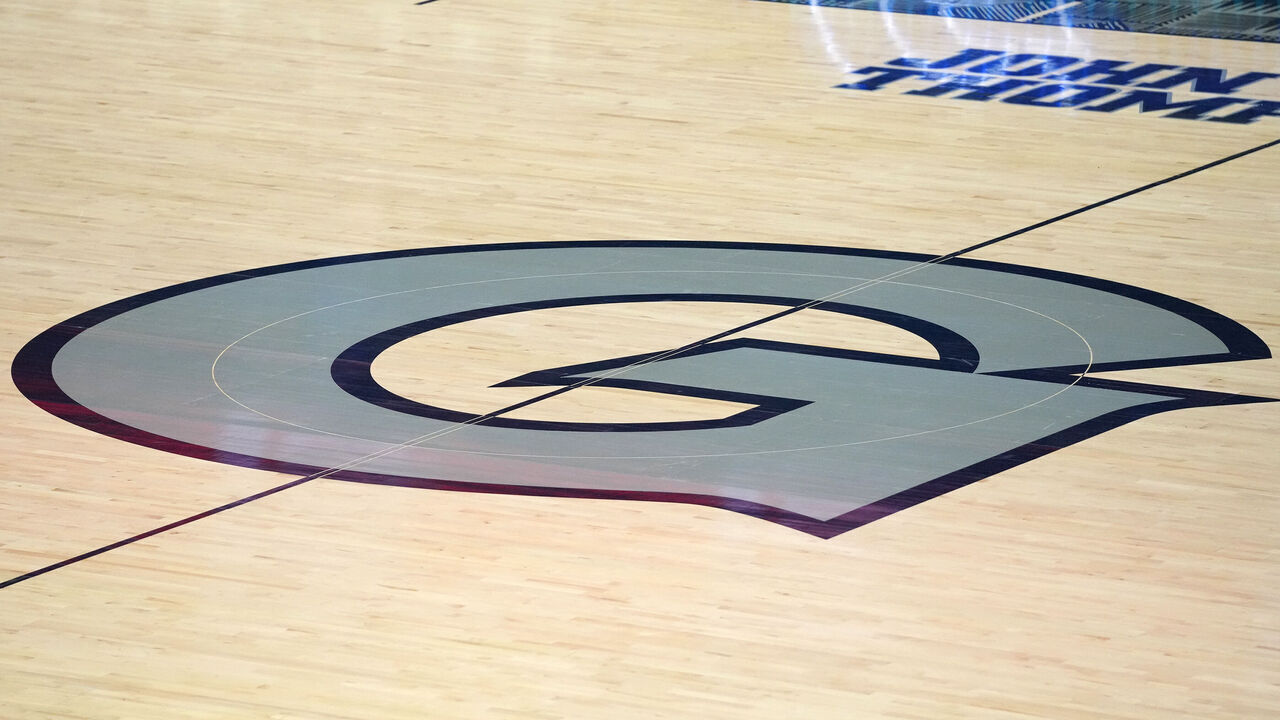 WASHINGTON, DC - JANUARY 10: The Georgetown Hoyas logo on the floor during a college basketball game against the Seton Hall Pirates at Capital One Arena on January 10, 2023 in Washington, DC