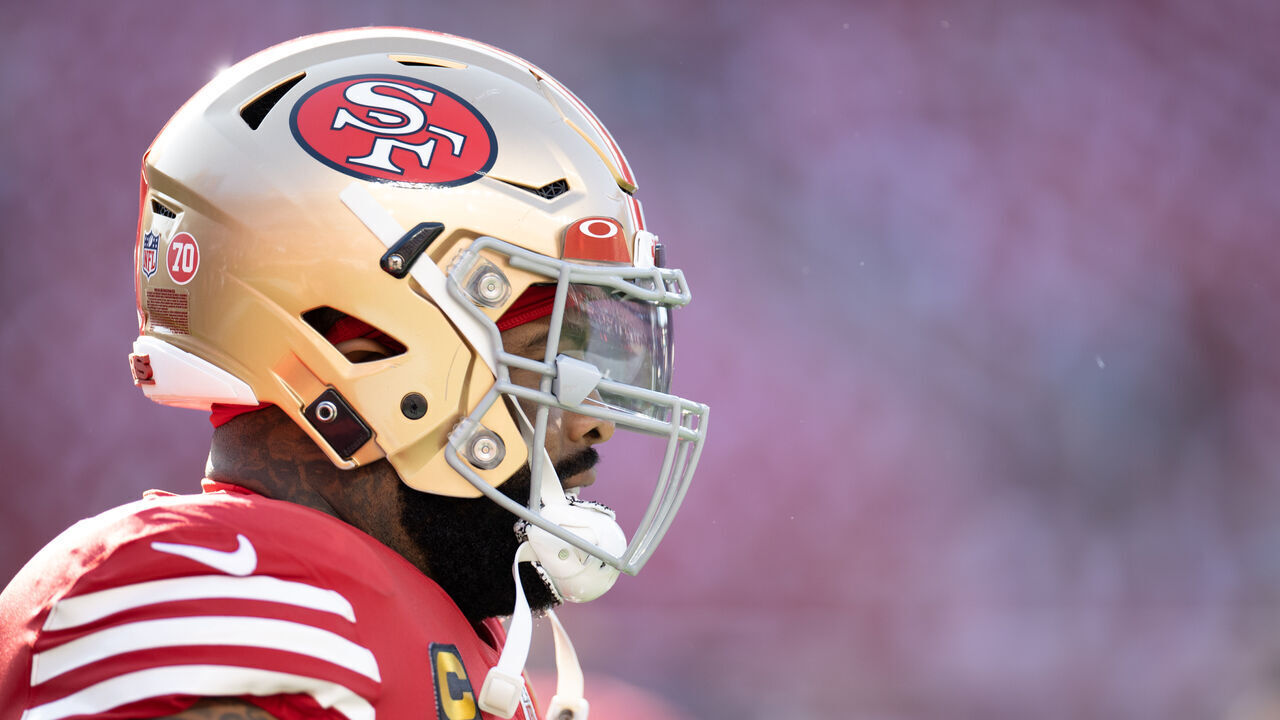 San Francisco 49ers offensive tackle Trent Williams (71) sands on the field during an NFL game against the Green Bay Packers in Santa Clara, Calif., Sunday, Sept. 26, 2021. The Packers won 30-28.