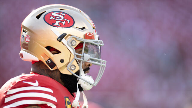 San Francisco 49ers offensive tackle Trent Williams (71) sands on the field during an NFL game against the Green Bay Packers in Santa Clara, Calif., Sunday, Sept. 26, 2021. The Packers won 30-28.