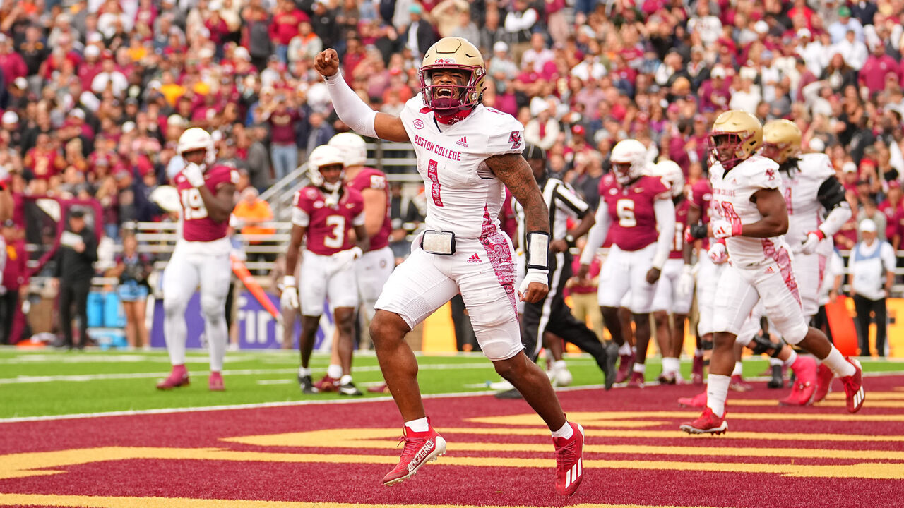 College Football: Boston College quarterback Thomas Castellanos (1) in action, celebrates scoring a touchdown vs Florida State at Alumni Stadium. Chestnut Hill, MA 9/16/2023 CREDIT: Erick W. Rasco (Set Number: X164430)