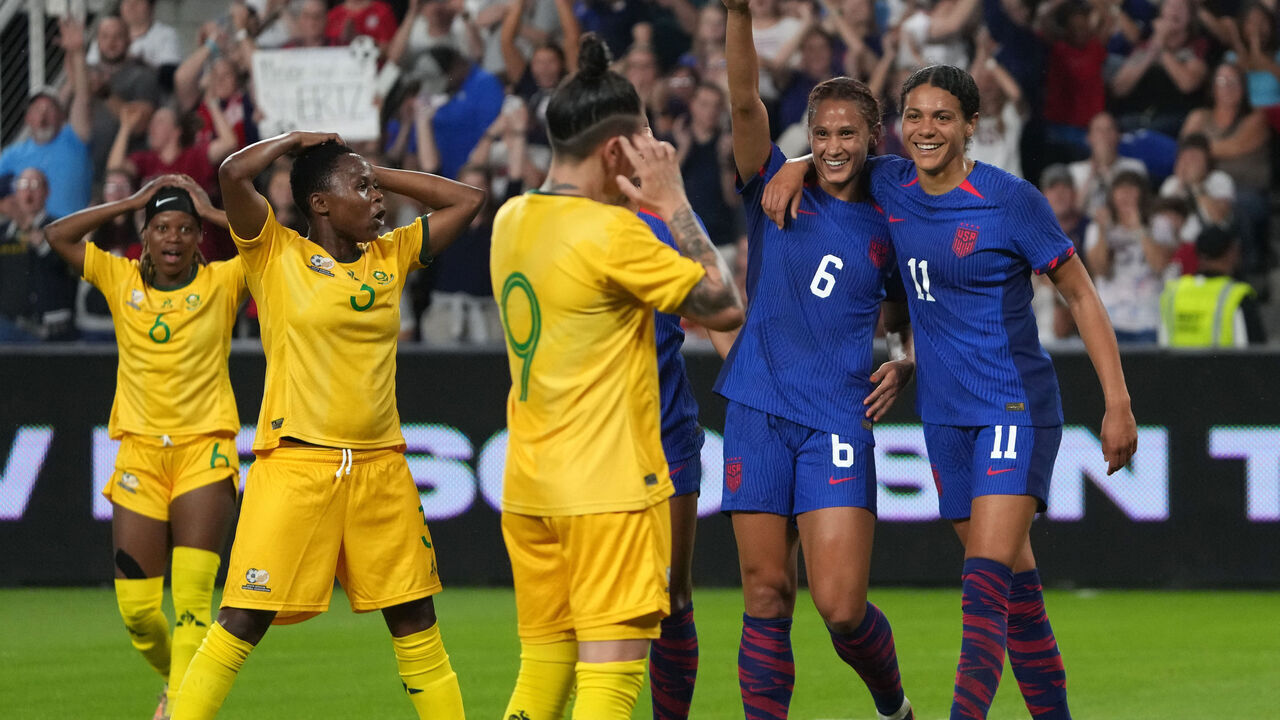 CINCINNATI, OHIO - SEPTEMBER 21: Lynn Williams #6 and Alana Cook #11 of the United States celebrate a goal during a international friendly match against the South Africaat TQL Stadium on September 21, 2023 in Cincinnati, Ohio.