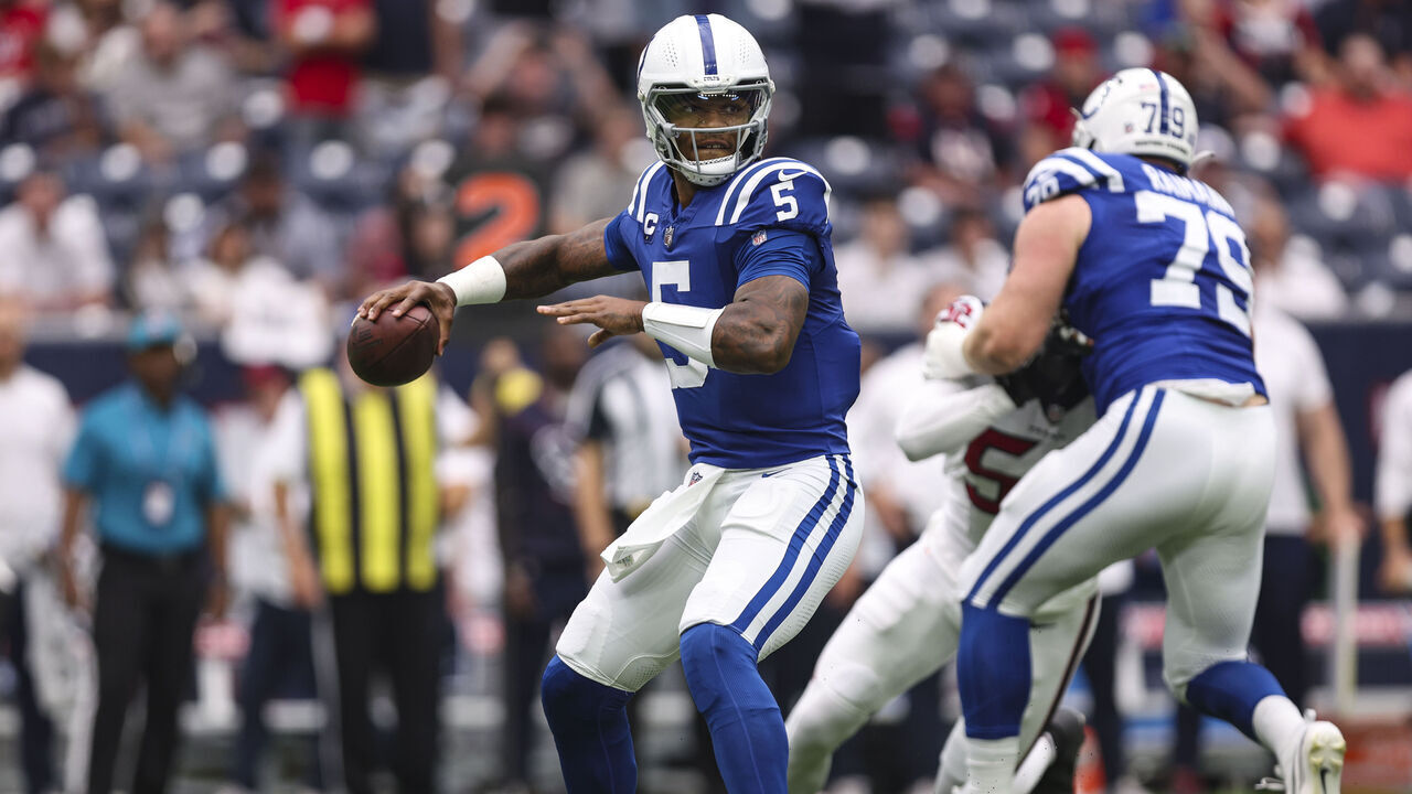 HOUSTON, TX - SEPTEMBER 17: Anthony Richardson #5 of the Indianapolis Colts throws the ball during a game against the Houston Texans at NRG Stadium on September 17, 2023 in Houston, Texas.