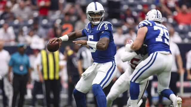 HOUSTON, TX - SEPTEMBER 17: Anthony Richardson #5 of the Indianapolis Colts throws the ball during a game against the Houston Texans at NRG Stadium on September 17, 2023 in Houston, Texas.