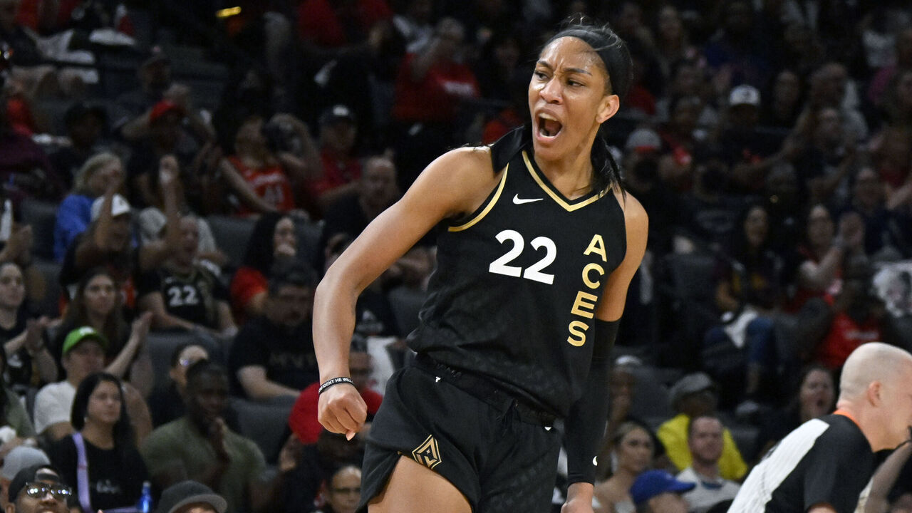 LAS VEGAS, NV - SEPTEMBER 17: A'ja Wilson #22 of the Las Vegas Aces celebrates during the game against the Chicago Sky during round one game two of the 2023 WNBA Playoffs on September 17, 2023 at Michelob ULTRA Arena in Las Vegas, Nevada. Mandatory Copyright Notice: Copyright 2023 NBAE