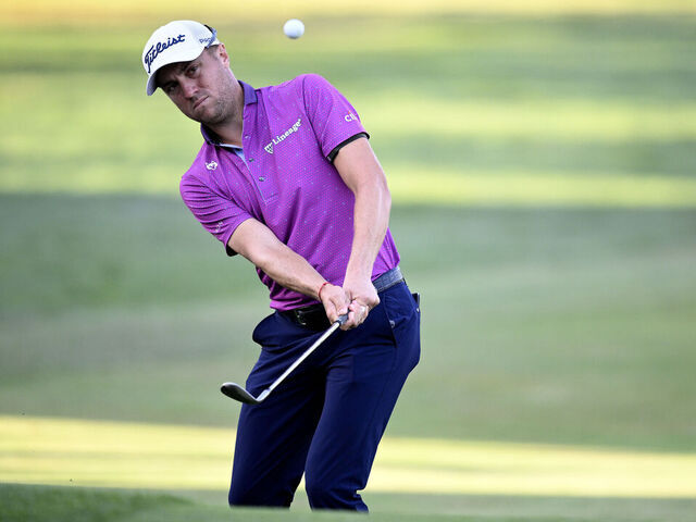 NAPA, CALIFORNIA - SEPTEMBER 17: Justin Thomas of the United States chips to the 18th green during the final round of the Fortinet Championship at Silverado Resort and Spa on September 17, 2023 in Napa, California.