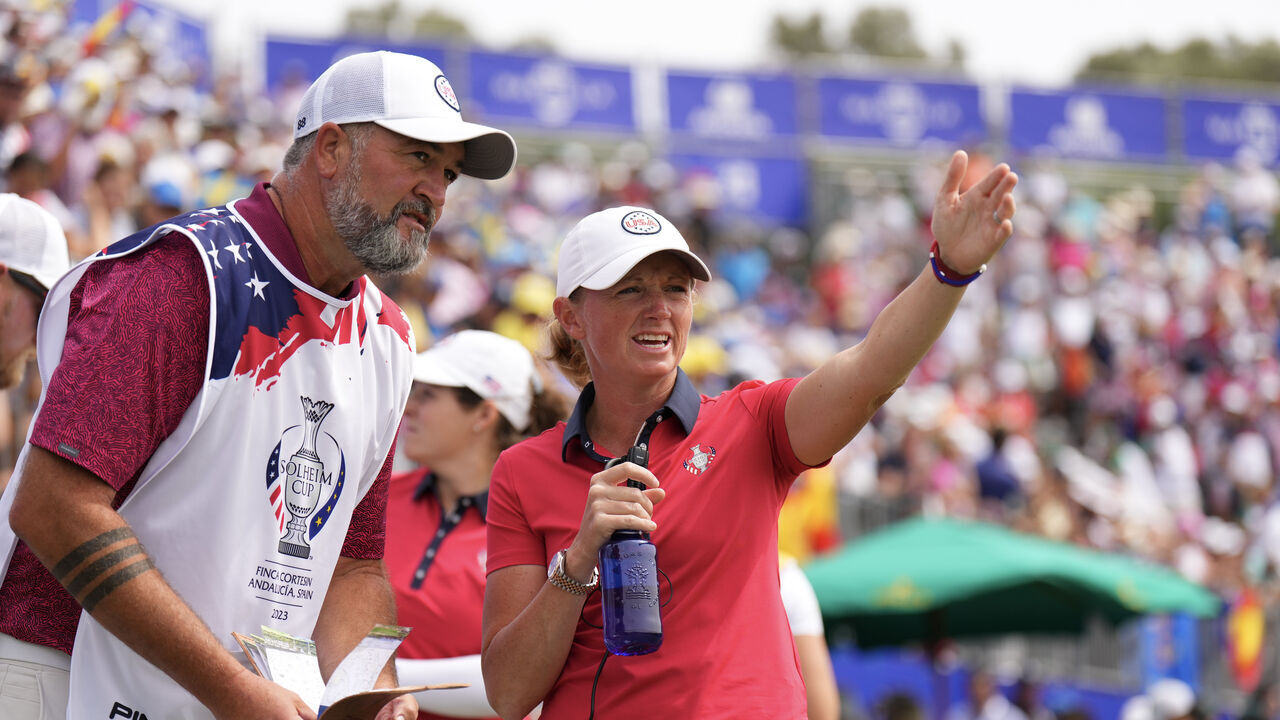 CASARES, SPAIN - SEPTEMBER 22: Captain Stacy Lewis of Team USA looks down the first fairway during Day One of The Solheim Cup at Finca Cortesin Golf Club on September 22, 2023 in Casares, Spain.