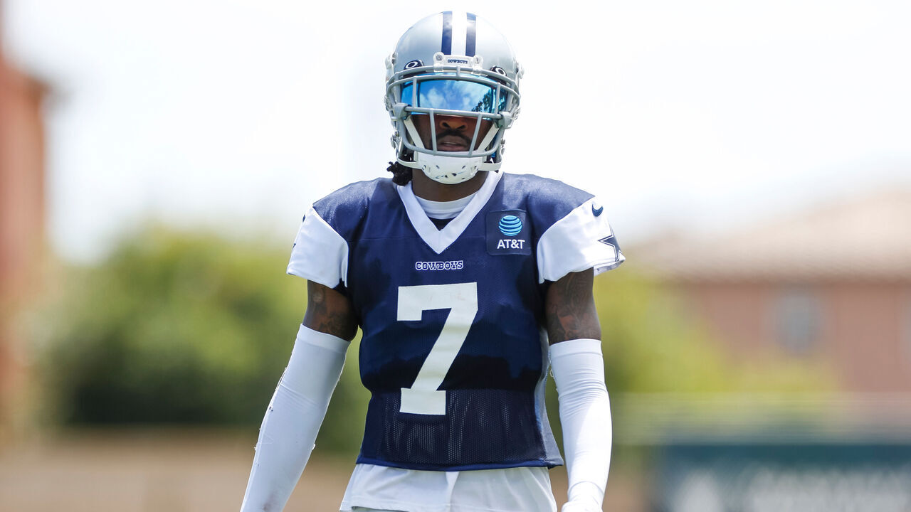 OXNARD, CA - AUGUST 15: Dallas Cowboys cornerback Trevon Diggs (7) looks on during the team's training camp at Marriott Residence Inn at River Ridge on August 15, 2023, in Oxnard, CA.