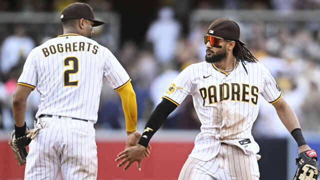 SAN DIEGO, CA - JUNE 17: Fernando Tatis Jr. #23 of the San Diego Padres (R) and Xander Bogaerts #2 high-five after the Padres beat the Tampa Bay Rays 2-0 on June 17, 2023 at Petco Park in San Diego, California.
