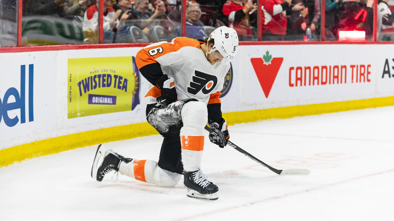 OTTAWA, ON - MARCH 30: Philadelphia Flyers Defenceman Travis Sanheim (6) dejected after the loss during overtime National Hockey League action between the Philadelphia Flyers and Ottawa Senators on March 30, 2023, at Canadian Tire Centre in Ottawa, ON, Canada.