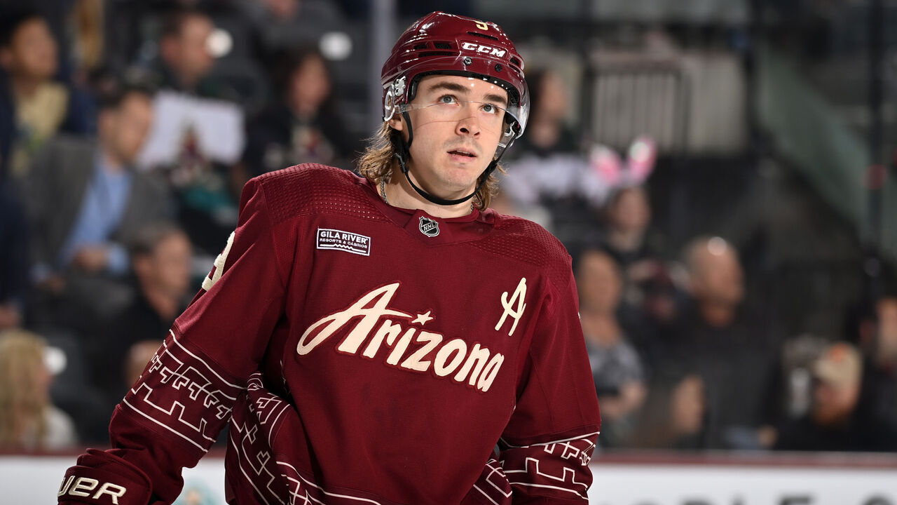 TEMPE, ARIZONA - APRIL 08: Clayton Keller #9 of the Arizona Coyotes skates up ice during a stop in play against the Anaheim Ducks at Mullett Arena on April 08, 2023 in Tempe, Arizona.