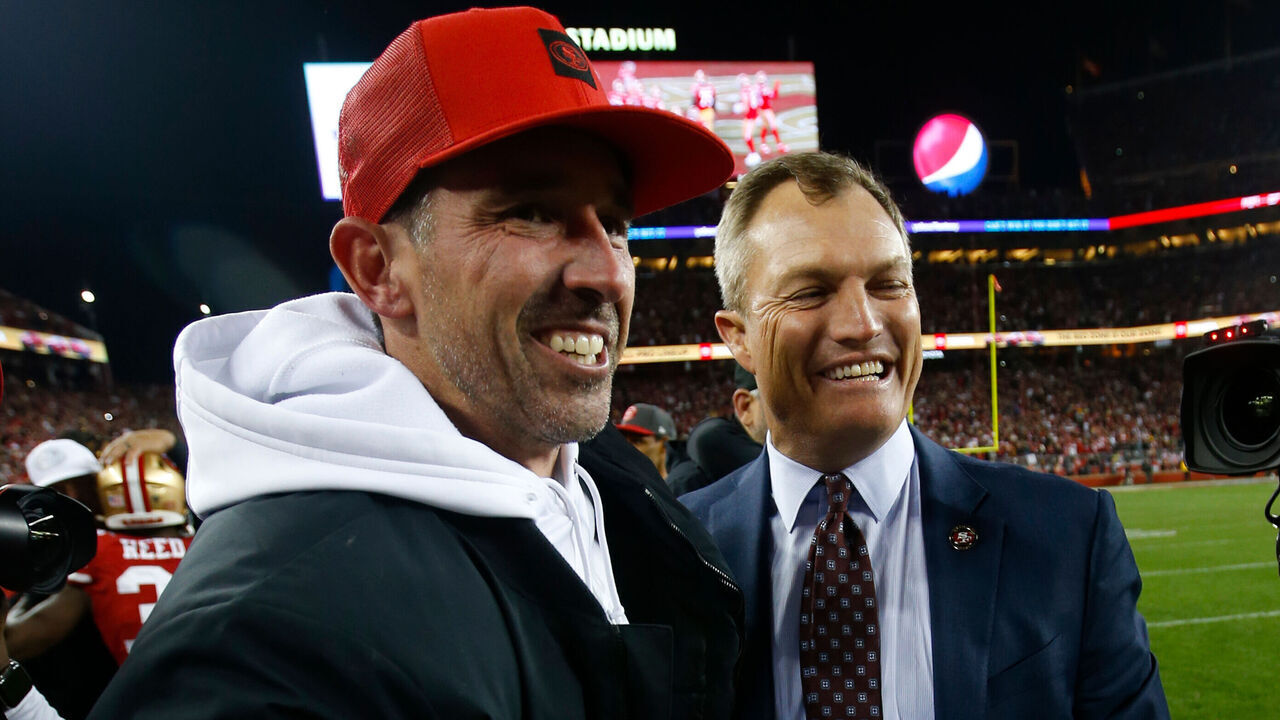 SANTA CLARA, CA - JANUARY 19: Head Coach Kyle Shanahan and General Manager John Lynch of the San Francisco 49ers celebrate on the sideline during the game against the Green Bay Packers at Levi's Stadium on January 19, 2020 in Santa Clara, California. The 49ers defeated the Packers 37-20.