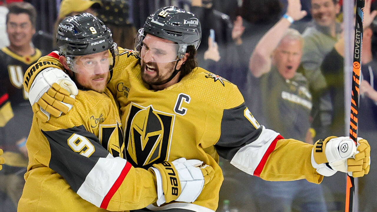 LAS VEGAS, NEVADA - MAY 03: Jack Eichel #9 and Mark Stone #61 of the Vegas Golden Knights celebrate Eichel's empty-net power-play goal against the Edmonton Oilers in the third period of Game One of the Second Round of the 2023 Stanley Cup Playoffs at T-Mobile Arena on May 03, 2023 in Las Vegas, Nevada. The Golden Knights defeated the Oilers 6-4.