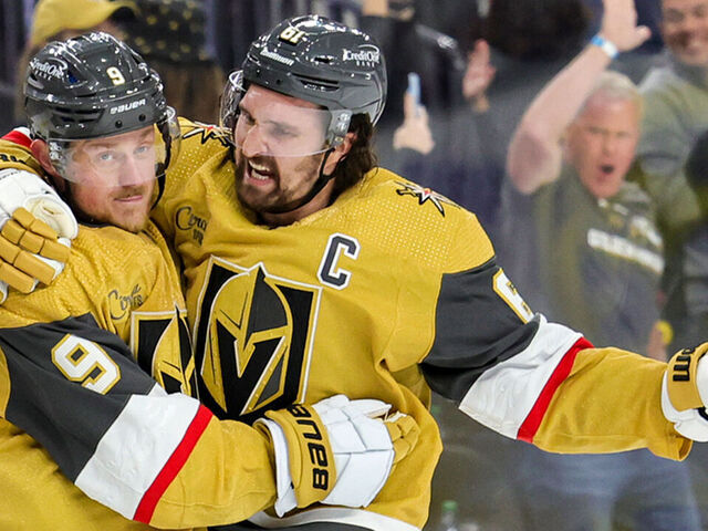 LAS VEGAS, NEVADA - MAY 03: Jack Eichel #9 and Mark Stone #61 of the Vegas Golden Knights celebrate Eichel's empty-net power-play goal against the Edmonton Oilers in the third period of Game One of the Second Round of the 2023 Stanley Cup Playoffs at T-Mobile Arena on May 03, 2023 in Las Vegas, Nevada. The Golden Knights defeated the Oilers 6-4.