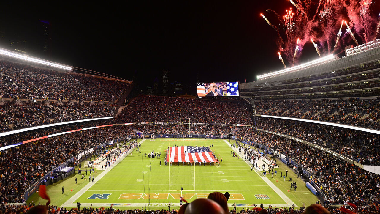 CHICAGO, ILLINOIS - OCTOBER 13: Fireworks erupt before the game between the Chicago Bears and the Washington Commanders at Soldier Field on October 13, 2022 in Chicago, Illinois.
