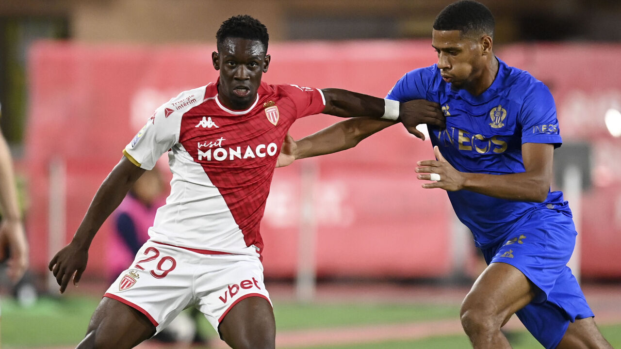 MONACO, MONACO - SEPTEMBER 22: Folarin Balogun of as Monaco and Jean-Clair Todibo of OGC Nice challenge during the Ligue 1 Uber Eats match between AS Monaco and OGC Nice at Stade Louis II on September 22, 2023 in Monaco, Monaco.