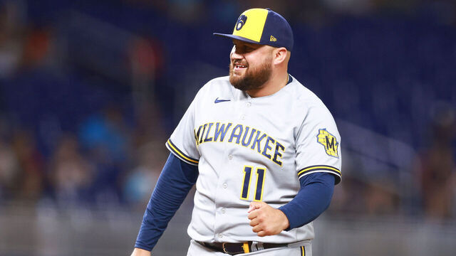 MIAMI, FLORIDA - SEPTEMBER 22: Rowdy Tellez #11 of the Milwaukee Brewers reacts after throwing a strike during the ninth inning of the game against the Miami Marlins at loanDepot park on September 22, 2023 in Miami, Florida.