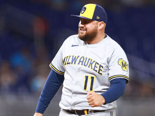 MIAMI, FLORIDA - SEPTEMBER 22: Rowdy Tellez #11 of the Milwaukee Brewers reacts after throwing a strike during the ninth inning of the game against the Miami Marlins at loanDepot park on September 22, 2023 in Miami, Florida.