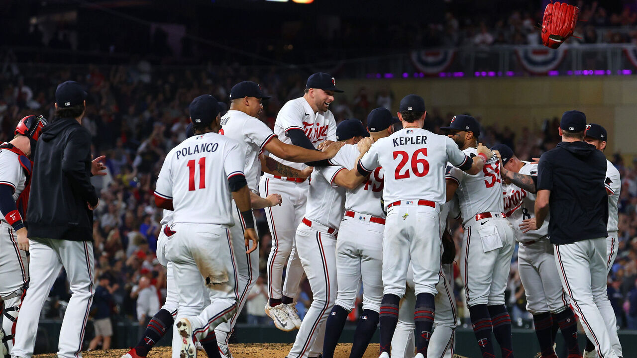 MINNEAPOLIS, MINNESOTA - SEPTEMBER 22: The Minnesota Twins celebrate on the field after defeating the Los Angeles Angels and clinching the AL Central Division at Target Field on September 22, 2023 in Minneapolis, Minnesota.