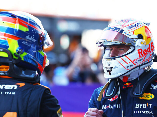 SUZUKA, JAPAN - SEPTEMBER 23: Pole position qualifier Max Verstappen of the Netherlands and Oracle Red Bull Racing and Second placed qualifier Oscar Piastri of Australia and McLaren celebrates in parc ferme during qualifying ahead of the F1 Grand Prix of Japan at Suzuka International Racing Course on September 23, 2023 in Suzuka, Japan.