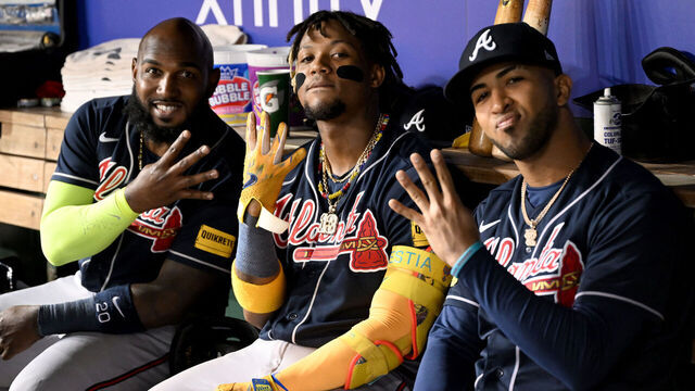 WASHINGTON, DC - SEPTEMBER 22: (L-R) Marcell Ozuna #20, Ronald Acuna Jr. #13 and Eddie Rosario #8 of the Atlanta Braves pose for a photo in the eighth inning of the game against the Washington Nationals at Nationals Park on September 22, 2023 in Washington, DC.