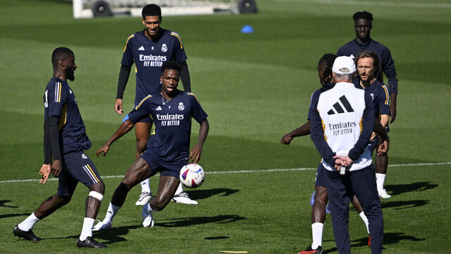 MADRID, SPAIN - SEPTEMBER 23: Vinicius Junior (2nd L), Antonio Rudiger (L), Jude Bellingham (2nd R) and Luka Modric (R) of Real Madrid attend training session at Valdebebas training facilities ahead of the Spanish La Liga week 6 football match between Real Madrid and Atletico Madrid in Madrid, Spain on September 23, 2023.