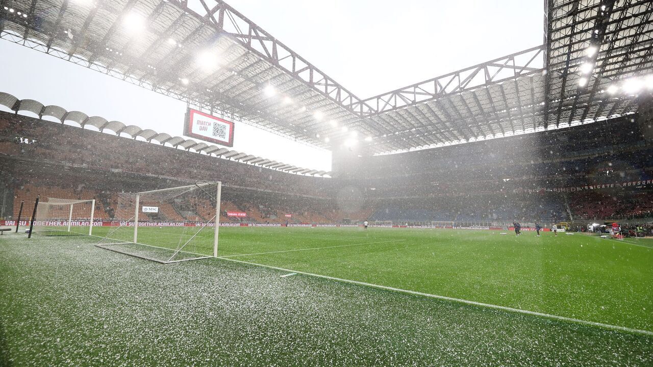MILAN, ITALY - SEPTEMBER 23: A heavy thunderstorm with hail passes over before the Serie A TIM match between AC Milan and Hellas Verona FC at Stadio Giuseppe Meazza on September 23, 2023 in Milan, Italy.