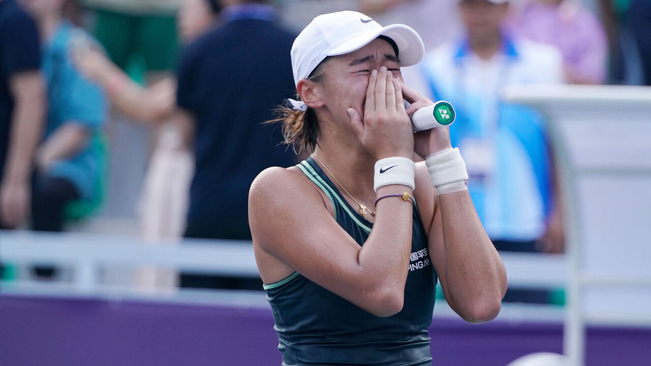 GUANGZHOU, CHINA - SEPTEMBER 23: Wang Xiyu of China celebrates victory during Women's Singles Final match against Magda Linette of Poland on day 6 of 2023 Guangzhou Open at the Nansha International Tennis Center on September 23, 2023 in Guangzhou, Guangdong Province of China.