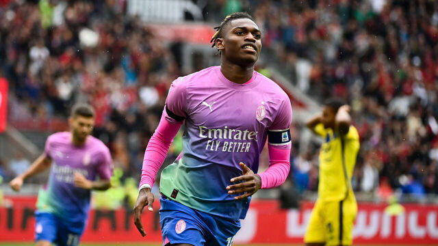 MILAN, ITALY - SEPTEMBER 23: Rafael Leao of AC Milan celebrates after scoring the team's first goal during the Serie A TIM match between AC Milan and Hellas Verona FC at Stadio Giuseppe Meazza on September 23, 2023 in Milan, Italy.
