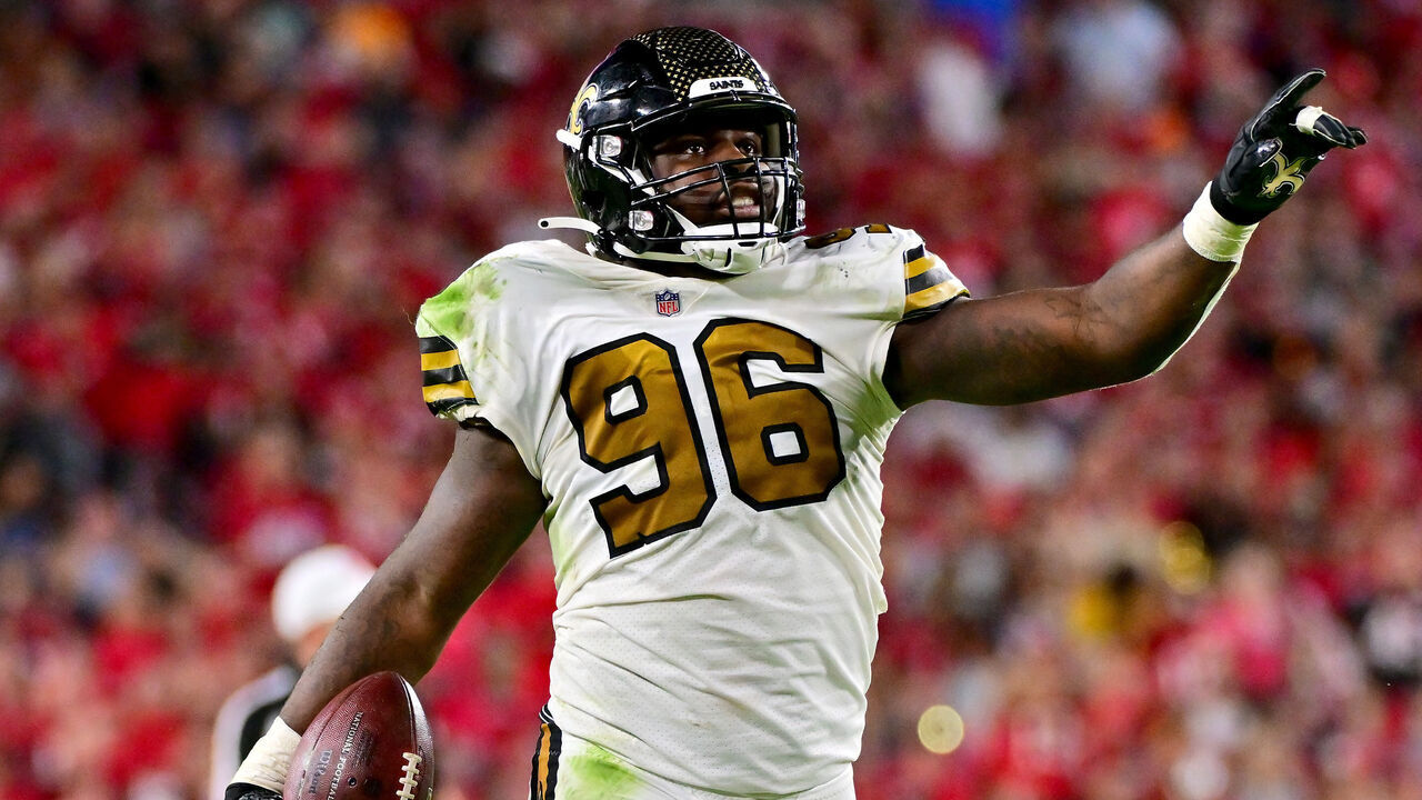 TAMPA, FLORIDA - DECEMBER 05: Carl Granderson #96 of the New Orleans Saints celebrates after recovering a fumble against the Tampa Bay Buccaneers during the third quarter in the game at Raymond James Stadium on December 05, 2022 in Tampa, Florida.