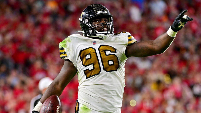 TAMPA, FLORIDA - DECEMBER 05: Carl Granderson #96 of the New Orleans Saints celebrates after recovering a fumble against the Tampa Bay Buccaneers during the third quarter in the game at Raymond James Stadium on December 05, 2022 in Tampa, Florida.