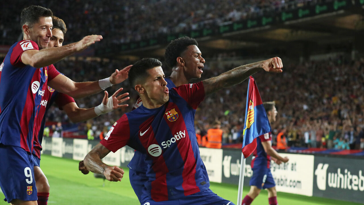 Joao Cancelo goal celebration during the match between FC Barcelona and Real Club Celta de Vigo, corresponding to the week 6 of LaLiga EA Sports , played at the Olympic Stadium Lluis Companys, in Barcelona, on 23th September 2023.