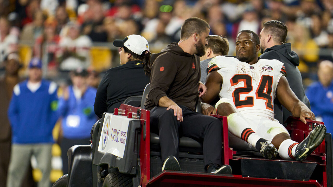 PITTSBURGH, PA - SEPTEMBER 18: Nick Chubb #24 of the Cleveland Browns is carted off the field against the Pittsburgh Steelers during the first half at Acrisure Stadium on September 18, 2023 in Pittsburgh, Pennsylvania.