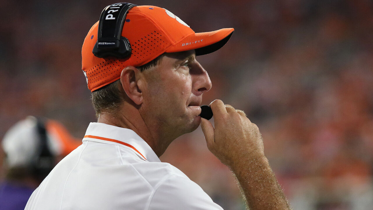 CLEMSON, SC - SEPTEMBER 16: Clemson Tigers head coach Dabo Swinney during a college football game between the Florida Atlantic Owls and he Clemson Tigers on September 16, 2023 at Clemson Memorial Stadium in Clemson, S.C.